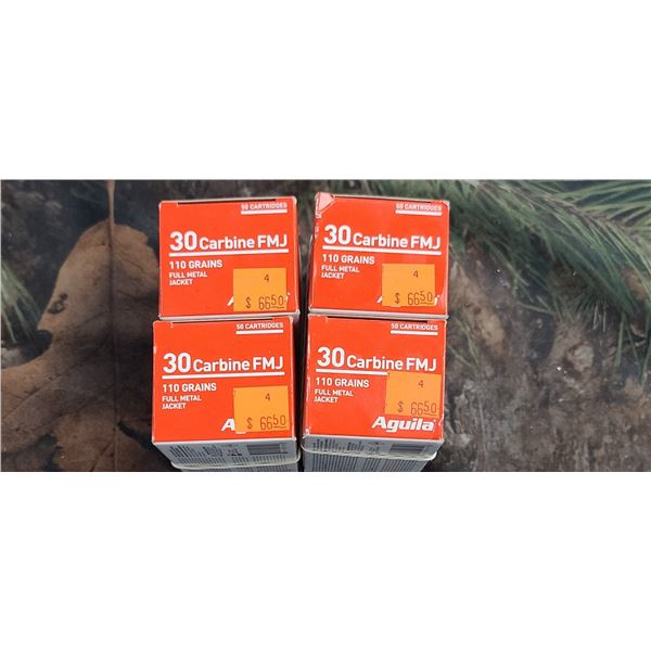 4 BOXES 30 CARBINE FMJ AGUILA FULL METAL JACKET 110 GRAIN 50 ROUNDS PER BOX NO SHIPPING ON AMMUNTION