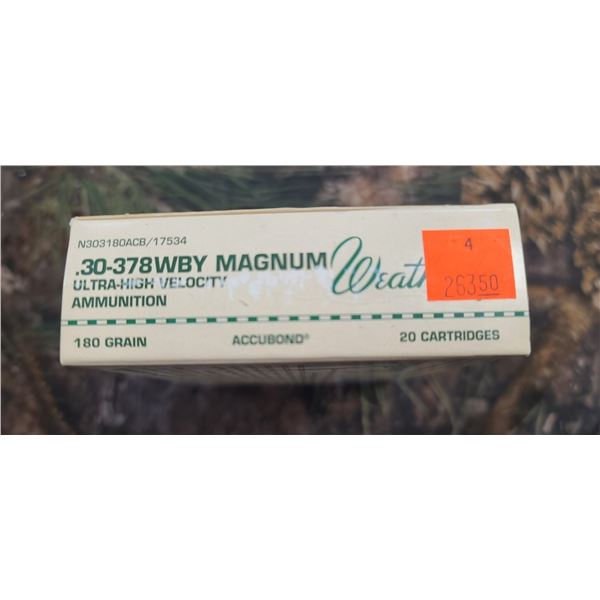 1 BOX 30-378 WBY MAGNUM WEATHERBY ACU-BOND ULTRA HIGH VELOCITY 180 GRAIN 20 ROUNDS PER BOX NO SHIPPI