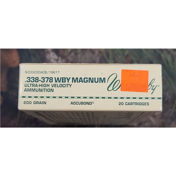 1 BOX 338-378 WBY MAGNUM WEATHERBY ACU-BOND ULTRA HIGH VELOCITY 200 GRAIN 20 ROUNDS PER BOX NO SHIPP