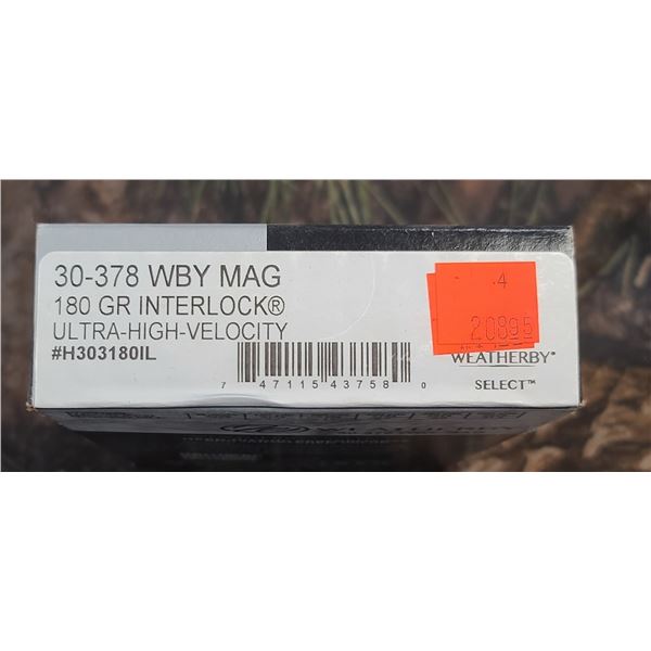 1 BOX 30-378 WBY MAGNUM WEATHERBY INTERLOCK ULTRA HIGH VELOCITY 180 GRAIN 20 ROUNDS PER BOX NO SHIPP
