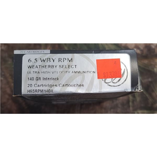 1 BOX 6.5 WBY RPM WEATHERBY SELECT INTERLOCK ULTRA HIGH VELOCITY 140 GRAIN 20 ROUNDS PER BOX O SHIPP