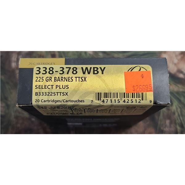 1 BOX 338-378 WBY MAGNUM WEATHERBY SELECT PLUS BARNES TTSX 225 GRAIN 20 ROUNDS PER BOX NO SHIPPING O