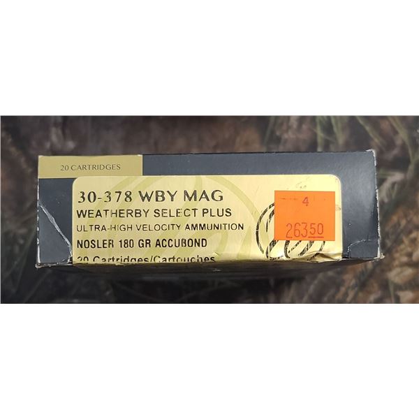 1 BOX 30-378 WBY MAG. WEATHERBY SELECT PLUS NOSLER ACCU-BOND ULTRA HIGH VELOCITY 180 GRAIN 20 ROUNDS