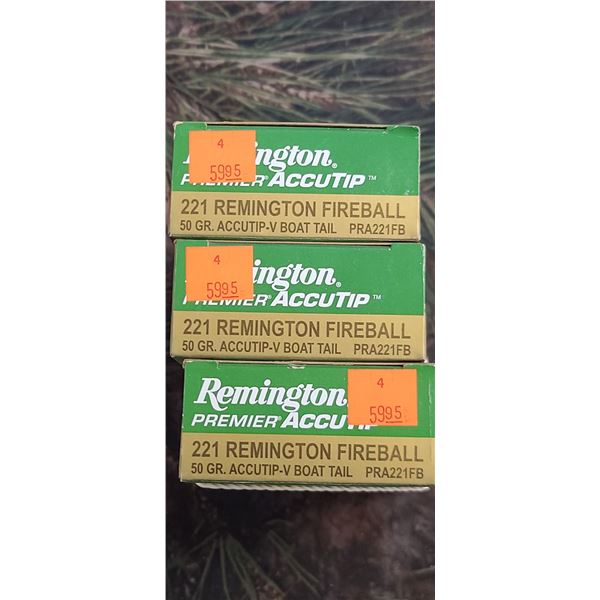 3 BOXES 221 REMINGTON FIREBALL REMINGTON PRIMIER ACCU TIP V-BOATTAIL 50 GRAIN 20 ROUNDS PER BOX ON S