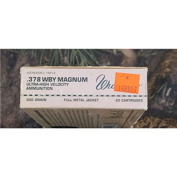 1 BOX 378 WBY MAGNUM WEATHERBY FULL METAL JACKET 300 GRAIN ULTRA HIGH VELOCITY 20 ROUNDS PER BOX ON