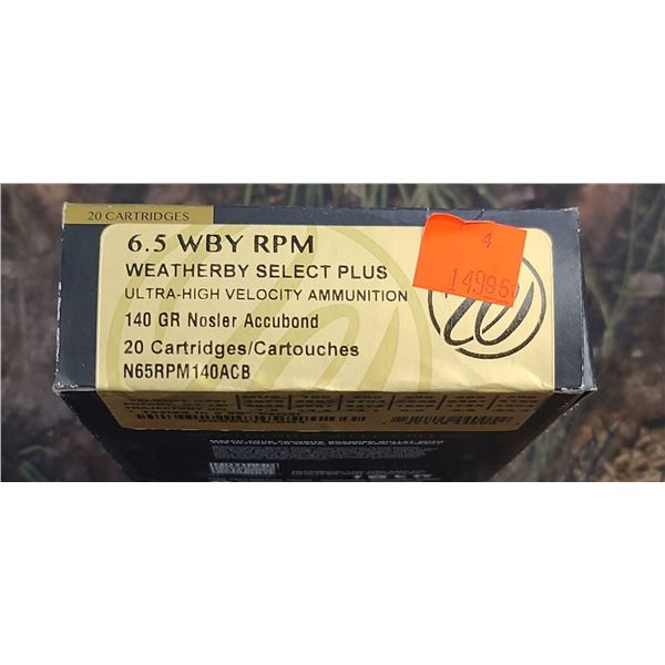 1 BOX 6.5 WBY RPM WEATHERBY SELECT PLUS NOSLER ACCU-BOND 140 GRAIN ULTRA HIGH VELOCITY 20 ROUNDS PER
