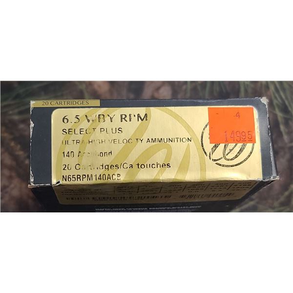 1 BOX 6.5 WBY RPM WEATHERBY SELECT PLUS NOSLER ACCU-BOND 140 GRAIN ULTRA HIGH VELOCITY 20 ROUNDS PER