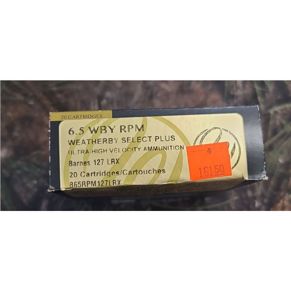 1 BOX 6.5 WBY RPM WEATHERBY SELECT PLUS  BARNES 127 LRX 20 ROUNDS PER BOX ON SHIPPING ON AMMUNTION