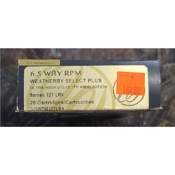 1 BOX 6.5 WBY RPM WEATHERBY SELECT PLUS  BARNES 127 LRX 20 ROUNDS PER BOX ON SHIPPING ON AMMUNTION