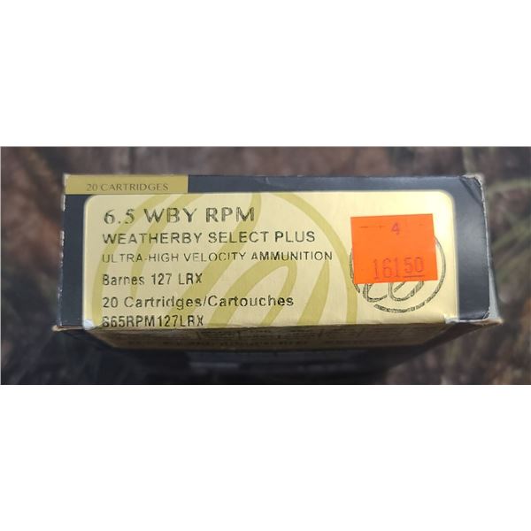 1 BOX 6.5 WBY RPM WEATHERBY SELECT PLUS  BARNES 127 LRX 20 ROUNDS PER BOX ON SHIPPING ON AMMUNTION