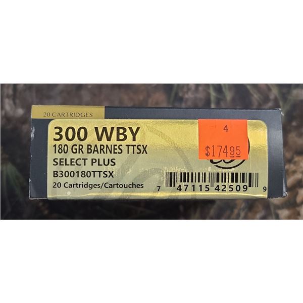 1 BOX 300 WBY WEATHERBY SELECT PLUS BARNES TTSX 180 GRAIN 20 ROUNDS PER BOX NO SHIPPING ON AMMUNTION