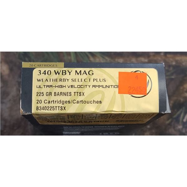 1 BOX 340 WBY MAG WEATHERBY SELECT PLUS BARNES TTSX 225 GRAIN ULTA HIGH VELOCITY 20 ROUNDS PER BOX N