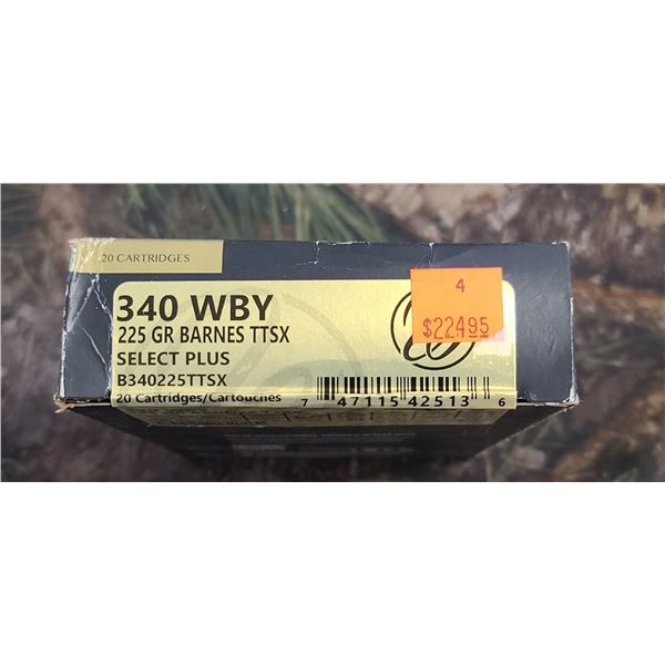 1 BOX 340 WBY MAG WEATHERBY SELECT PLUS BARNES TTSX 225 GRAIN ULTA HIGH VELOCITY 20 ROUNDS PER BOX N