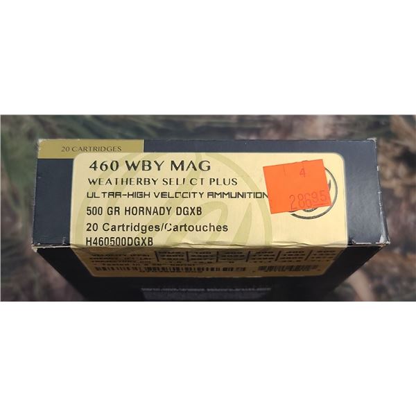 1 BOX 460 WBY MAG WEATHERBY SELECT PLUS HORNADY DGXB 500 GRAIN ULTA HIGH VELOCITY 20 ROUNDS PER BOX