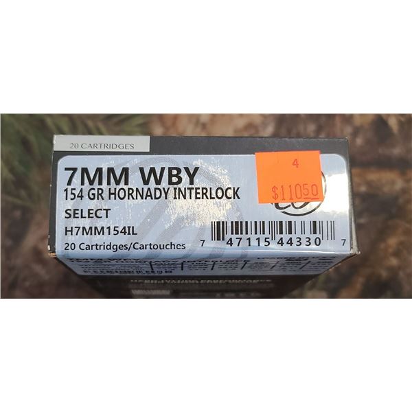 1 BOX 7MM WBY WEATHBY SELECT HOORADY INTERLOCK 154 GRAIN 20 ROUNDS PER BOX ON SHIPPING ON AMMUNTION