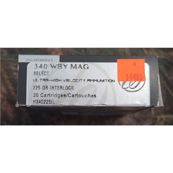 1 BOX 340 WBY MAG. WEATHERBY SELECT INTERLOCK 225 GRAIN ULTRA HIGH VELCOCITY 20 ROUNDS PER BOX ON SH