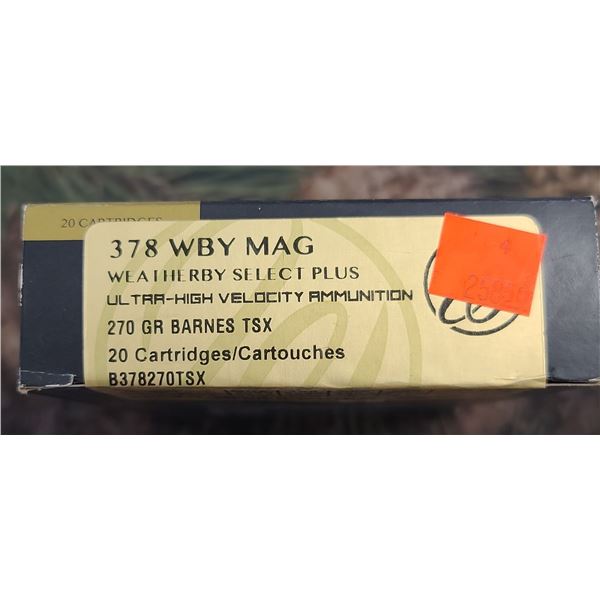 1 BOX 378 WBY MAG. WEATHERBY SELECT PLUS BARNES TTSX 180 GRAIN ULTRA HIGH VELCOCITY 20 ROUNDS PER BO