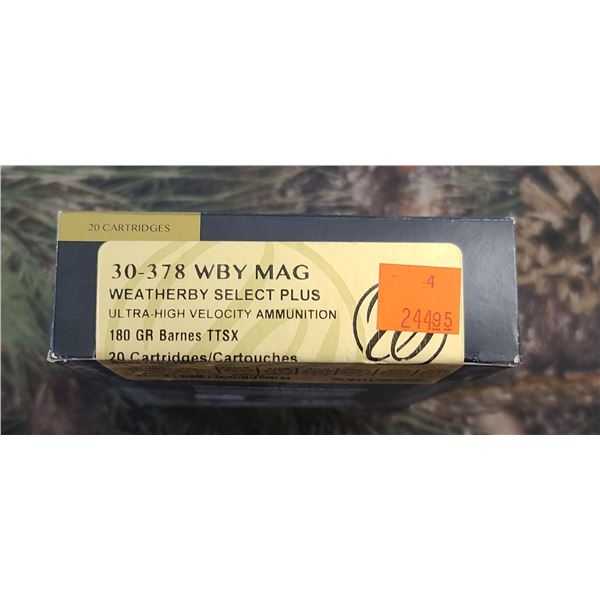 1 BOX 30-378 WBY MAG. WEATHERBY SELECT PLUS BARNES TTSX 180 GRAIN ULTRA HIGH VELCOCITY 20 ROUNDS PER