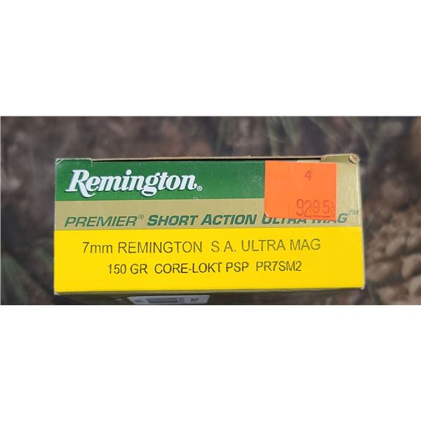 1 BOX 7MM REM. REMINGTON PREMIER SHORT ACTION UTRA MAG. CORE-LOKT 150 GRAIN 20 ROUNDS PER BOX ON SHI