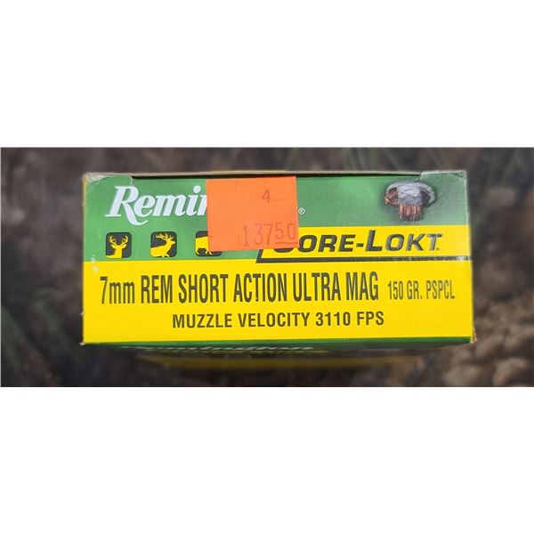 1 BOX 7MM REM. REMINGTON PREMIER SHORT ACTION UTRA MAG. CORE-LOKT 150 GRAIN 310 FPS 20 ROUNDS PER BO