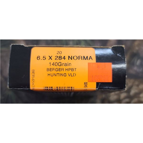1 BOX 6.5X284 NORMA HSM TROPHY GOLD BERGER HPBT HUNTING VLD 140 GRAIN 20 ROUNDS PER BOX ON SHIPPING