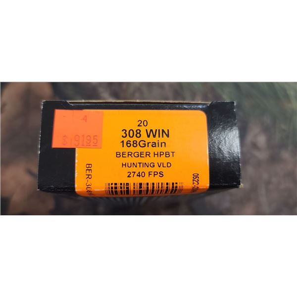 1 BOX 303 WIN. HSM TROPHY GOLD BERGER HPBT  HUNTING VLD 168 GRAIN 2740 FPS 20 ROUNDS PER BOX NO SHIP