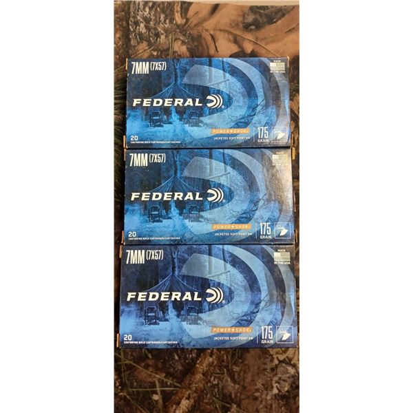 3 BOXES 7MM (7 X 57) FEDERAL POWER SHOK JACKEETED SOFT POINT RN 175 GRAIN 20 ROUNDS PER BOX NO SHIPP