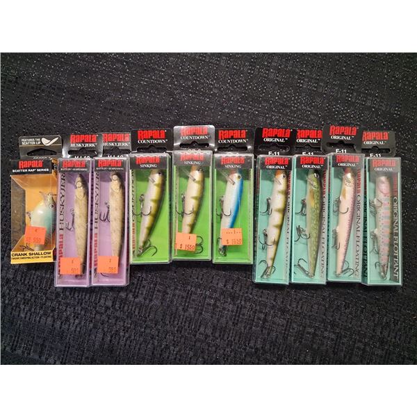 RAPALA ASSORTED LOT OF 10, SJCRC-5, HJ 10, CD 9, F 11.