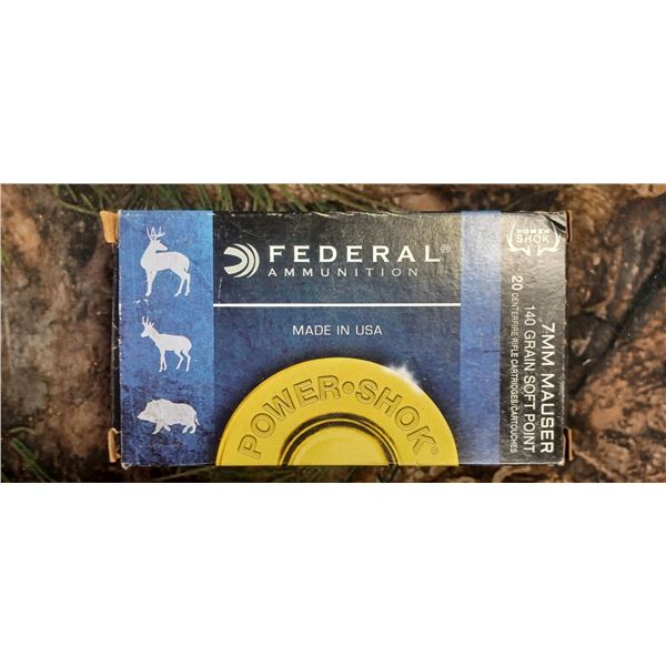 1 BOX 7 MM MAUSER FEDEAL POWER SHOK SOFT POINT 140 GRAIN 20 ROUNDS PER BOX NO SHIPPING ON AMMO