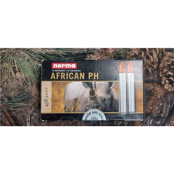 1 BOX 458 LOTT NORMA AFRICAN PH FULL METAL JACKET WOODLEIGH 500 GRAINS 10 ROUNDS PER BOX NO SHIPPING