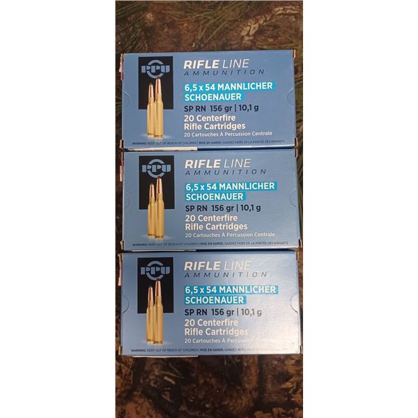 3 BOX 6.5 X 54 MANNLICHER SCHOENAUER, PPU RIFLE LINE, SPRN, 156 GRAIN 20 ROUNDS PER BOX NO SHIPPING