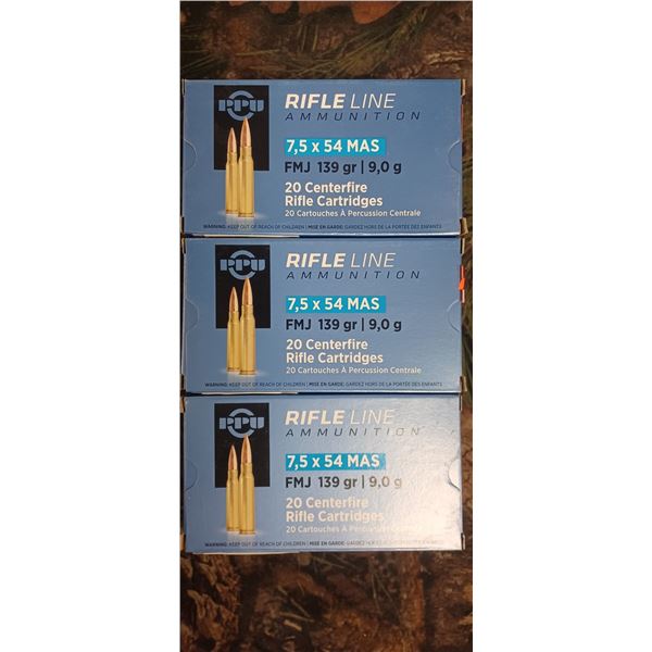 3 BOXES 7.5 X 54 MAS. PPU RIFLE LINE, FMJ 139 GRAIN/9.0G 20 ROUNDS PER BOX NO SHIPPING ON AMMO