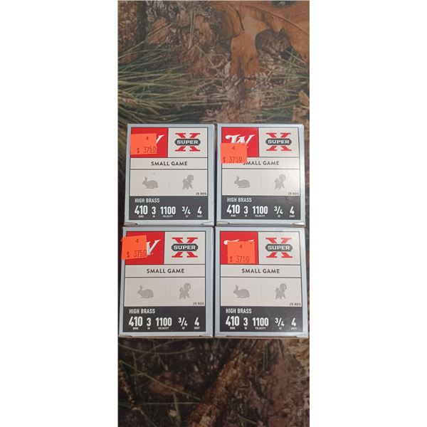 4 BOXES 410 GAUGE HIGH BRASS SMALL GAME WINCHESTER SUPER X 3" 1100 FPS 3/4 OZ 4 SHOT 25 ROUNDS PER B