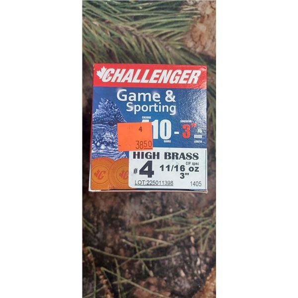 4 BOXES 410 GAUGE SHOTSHELLS CHALLENGER GAME SPORTING 3" 76MM HIGH BRASS #4 11/16 oz 25 ROUNDS PER B