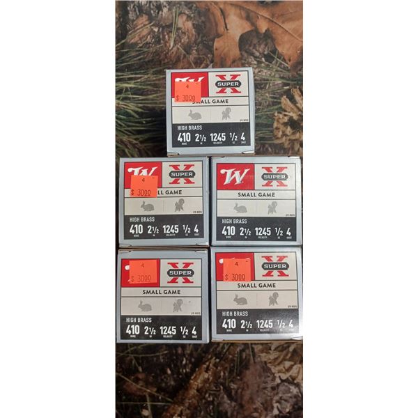 5 BOXES WINCHESTER 410 G 2 1/2" 4 SHOT SUPER X SMALL GAME 1245 FPS 1/2" 25 ROUNDS PER BOX NO SHIPPIN