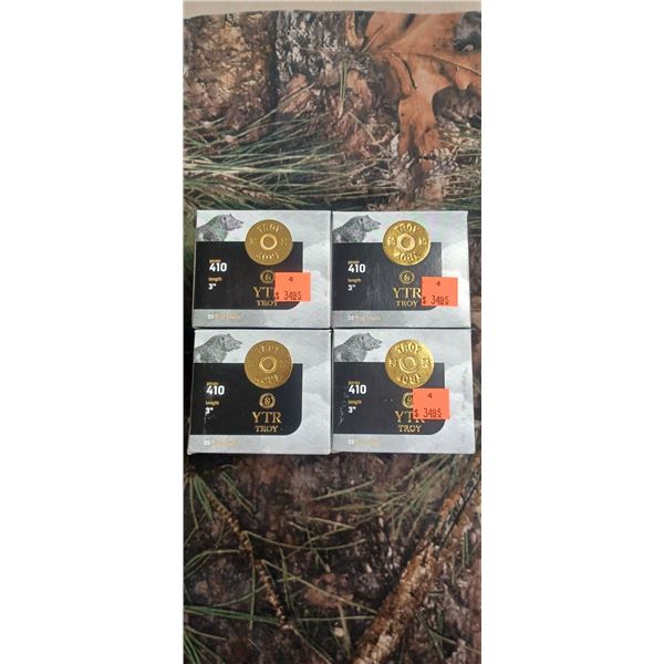 4 BOXES TROY 410 GAUGE 3" 4 SHOT YTR TROY 5/8 oz 25 ROUNDS PER BOX NO SHIPPING ON AMMO