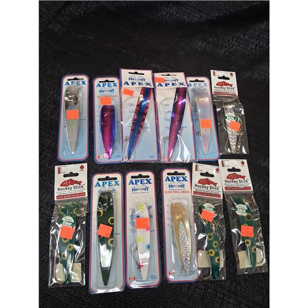 MIXED LOT OF GIBBS HOCKEY STICKS APEX FISHING LURES 12 CNT