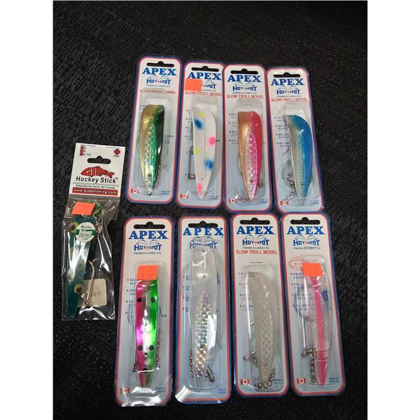 MIXED LOT OF APEX FISHING LURED VARIOUS COLORS 9 CNT