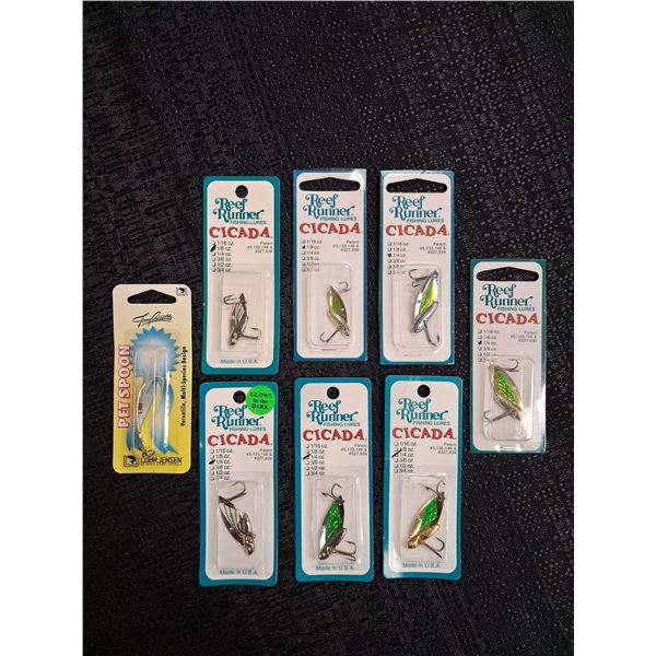 ASSORTED MIX FISHING LURES, REEF RUNNER, CICADAS, PET SPOON 8 CNT
