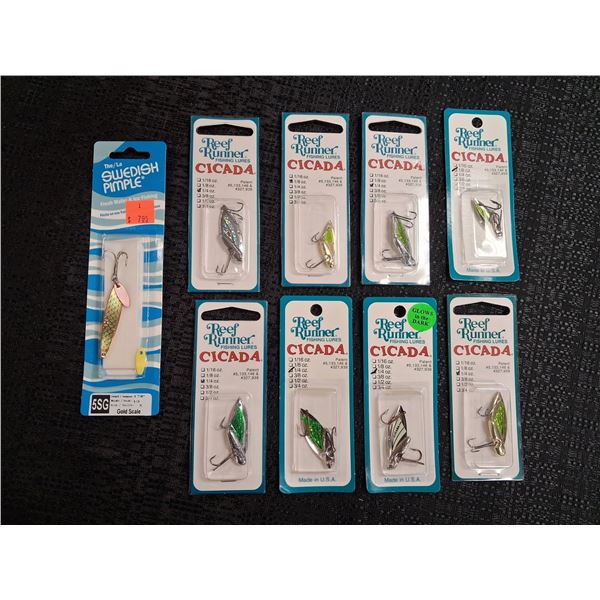 ASSORTED MIX FISHING LURES, REEF RUNNER, CICADAS, SEDISH PIMPLE  9 CNT