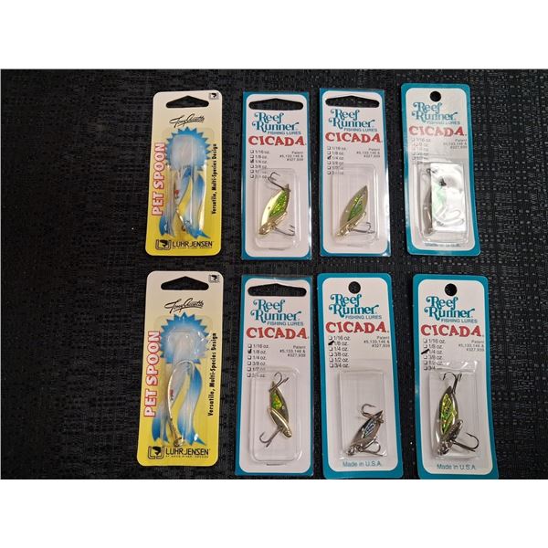 ASSORTED MIX FISHING LURES REEF RUNNER, CICADES PETSPSOON 8 CNT