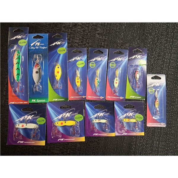 ASSORTED FISHING LURES PK, SPOONS GLOW, & VARIOUS COLORS 12 CNT