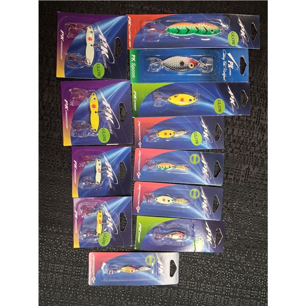 ASSORTED FISHING LURES PK, SPOONS GLOW, & VARIOUS COLORS 12 CNT