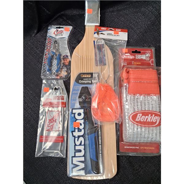 MUSTAD CRIMP TOOL, CUCLA PLIERS, WEIGHT BAG, DIP NET, JAW SPREADER 6 CNT.