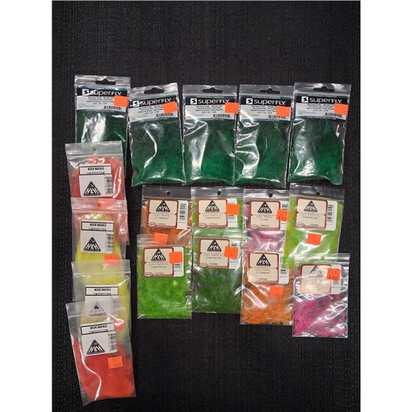 ASSORTED NECK HACKLE, GUINEA & CDC PUFFS VARIOUS COLORS (17 PIECE)