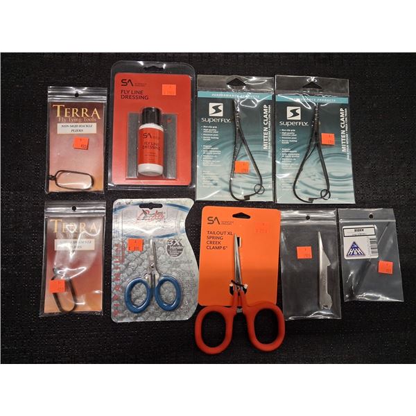 ASSORTED FLYLINE DRESSING, CLAMPS, MICRO SCISSORS, HACKLE PLIERS, MITTEN CLAMP BOBKIN (10 PIECE)
