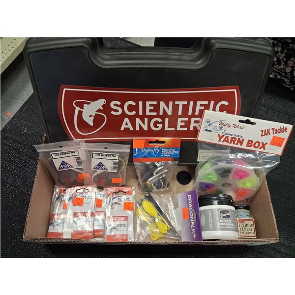 ASSORTED LARGE BOX DRY FLY FLOATANT,FLYBOX, PADS, HEAD CEMENT, YARN SINKERS, NET RELEASE, KNOT TYER 