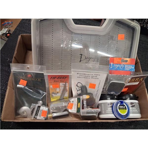 ASSORTED LARGE BOX FLEX LITE, HADDE FLYS, TAPE, TYOR, LINE CLEANERS, STACKERS,DRY FLY BARREL (12 PIE
