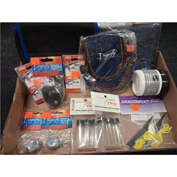ASSORTED X3 POUCHES,X2 VILES X2 LINE SINKERS, X2 ZINGERS DRY FLY GUIDE BARRAL, LINE CLEANER (13 PIEC