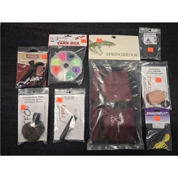 ASSORTED TAPE MAGNETIC, LEADER WALLET, KNOT TYPER, DRIER/RETRACTER, NET HOLDER (8 PIECE)